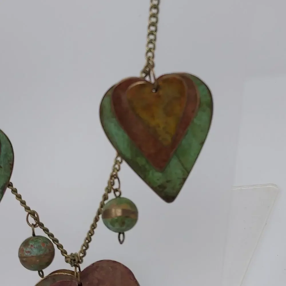 Vintage Artisan Copper Brass Verdigris Heart Ball Necklace Large Statement Piece
